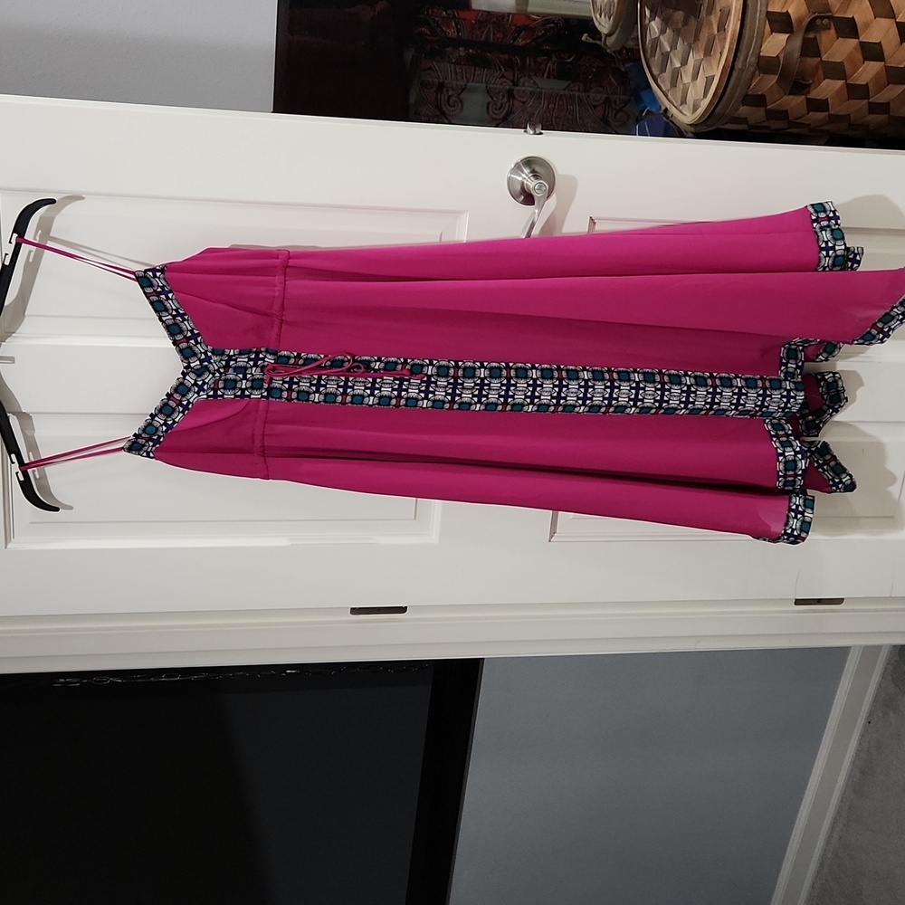 Sleeveless, midi, open-back, lined pink swing dress